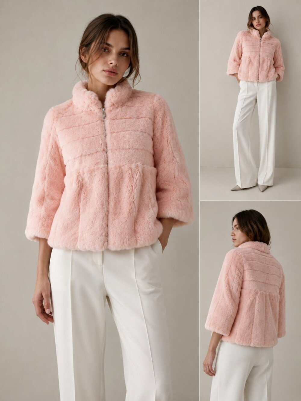 Genuine Rabbit Fur Jacket Women's XXS Blush Pink 3/4 Sleeve Zip Luxury Coat